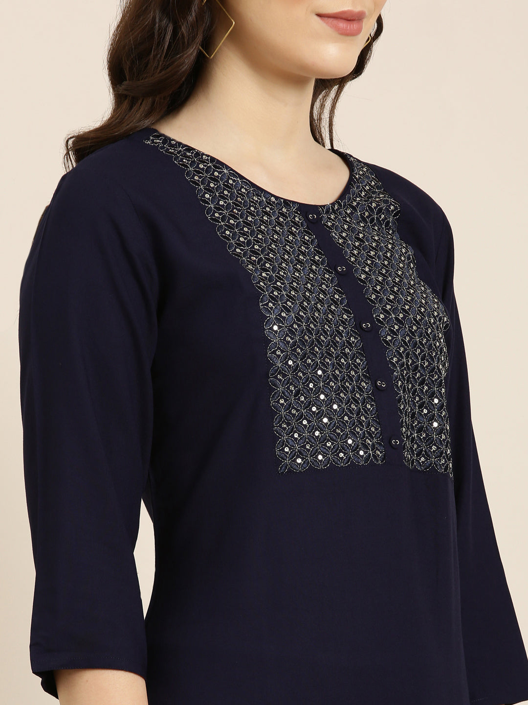 Women Navy Blue Solid Straight Kurta