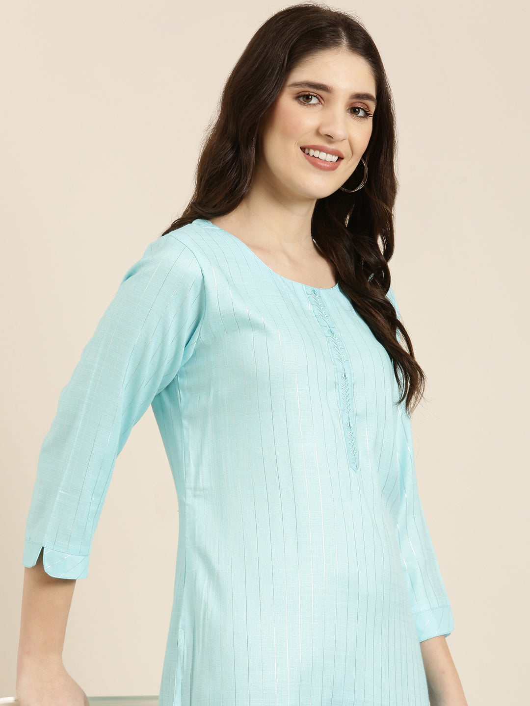 Women Blue Striped Straight Kurta