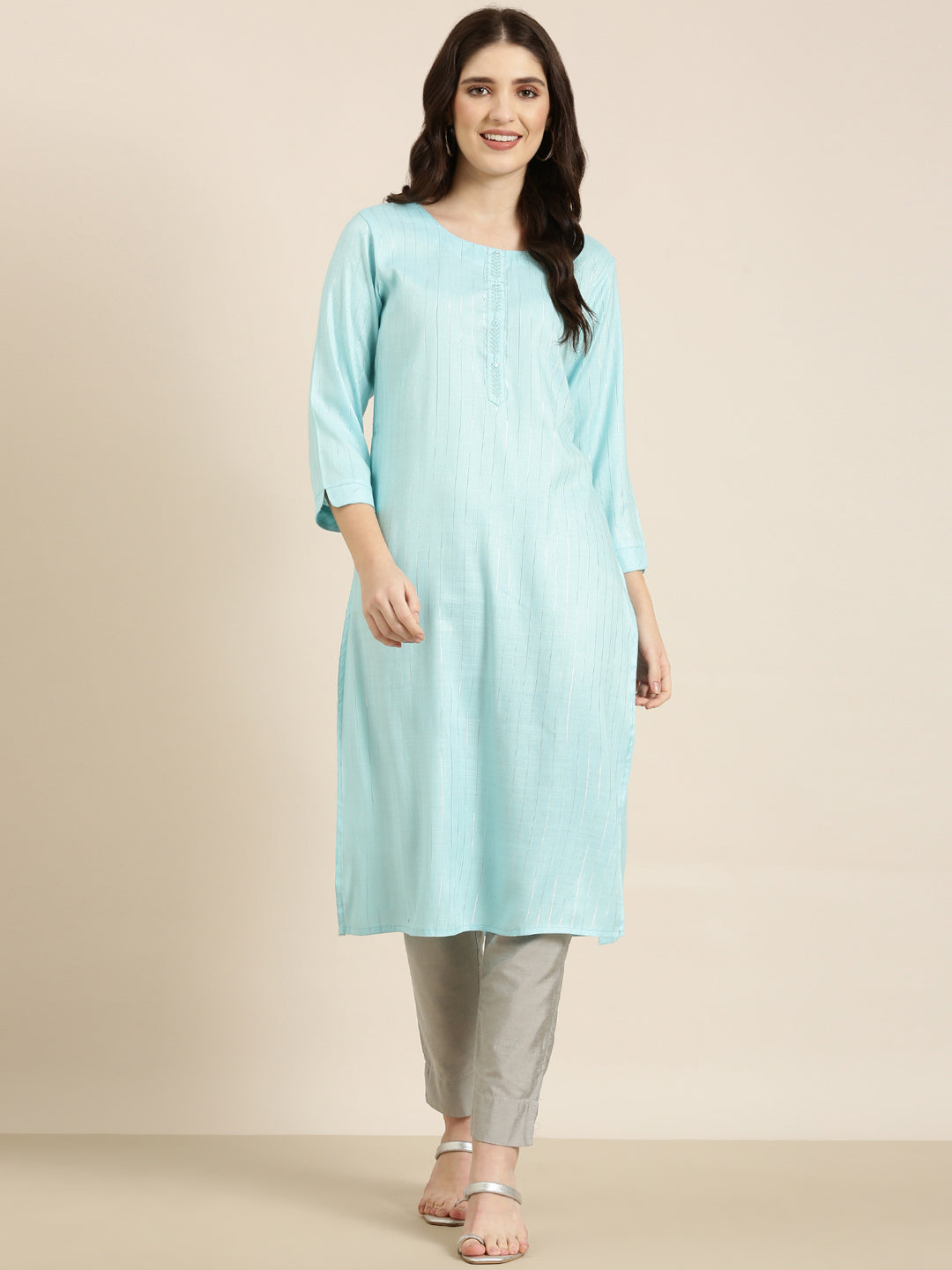 Women Blue Striped Straight Kurta