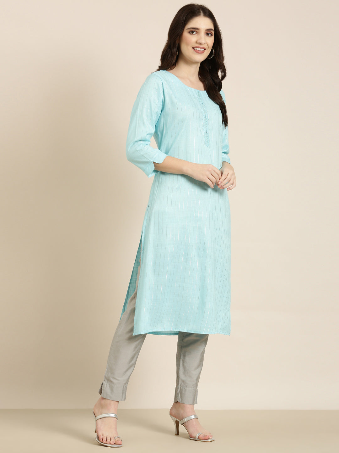 Women Blue Striped Straight Kurta