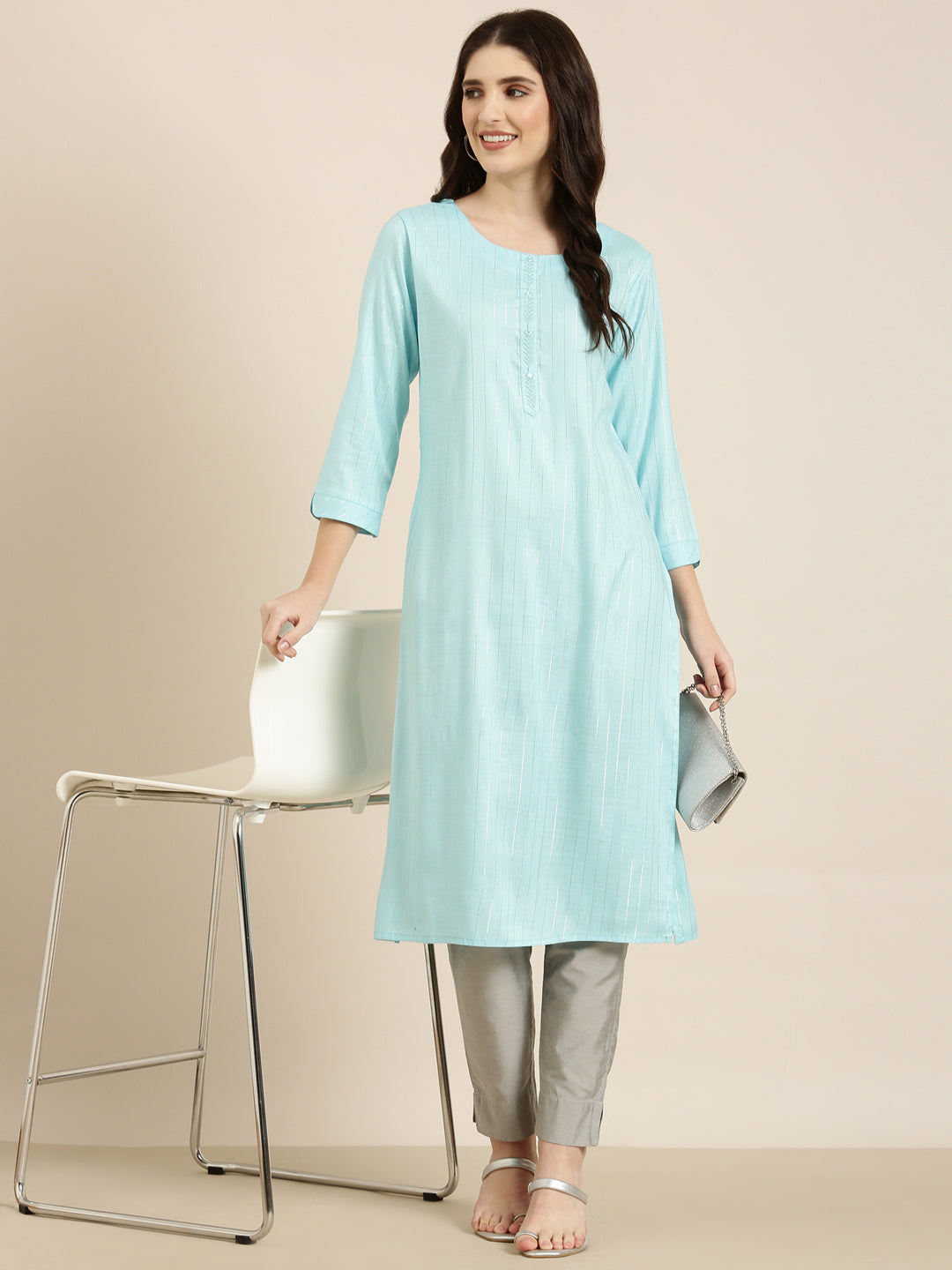 Women Blue Striped Straight Kurta