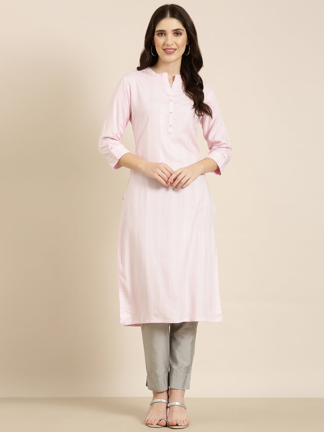 Women Pink Solid Straight Kurta