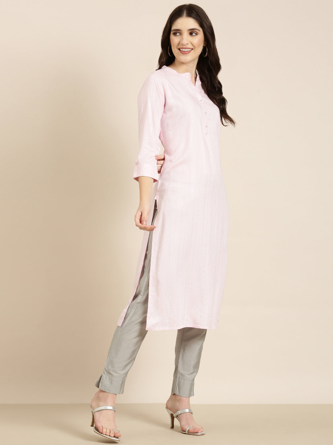 Women Pink Solid Straight Kurta