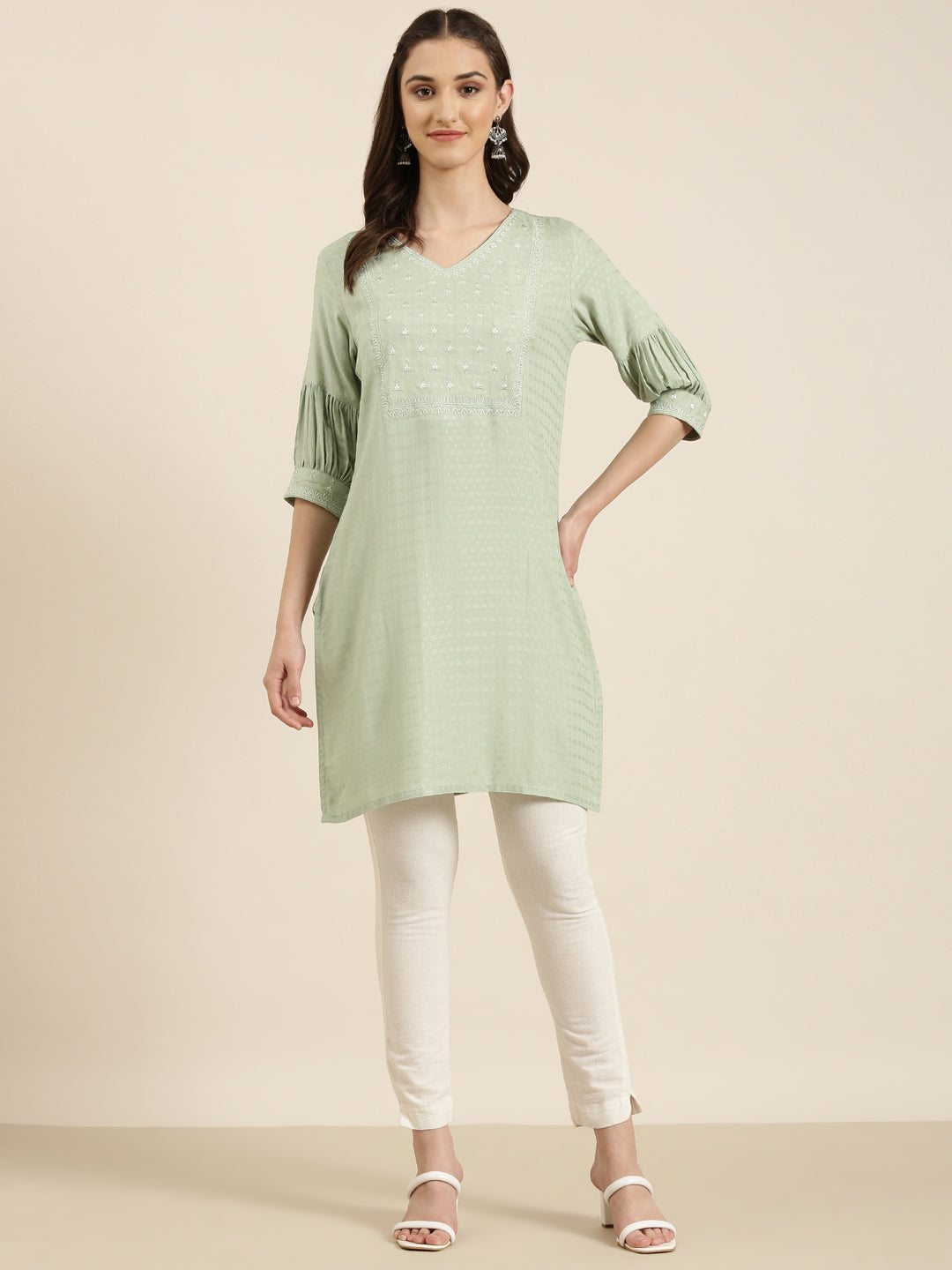 Women Sea Green Printed Straight Kurti