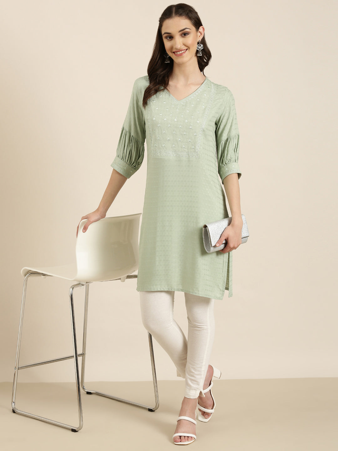 Women Sea Green Printed Straight Kurti