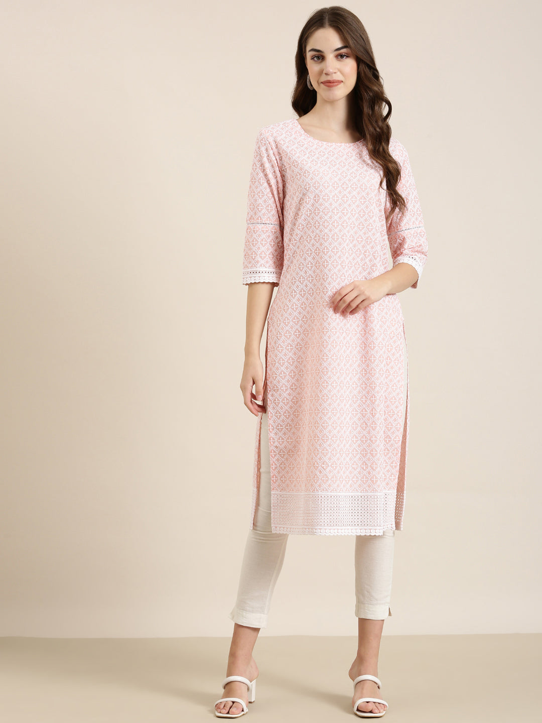 Women Peach Embellished Straight Kurta