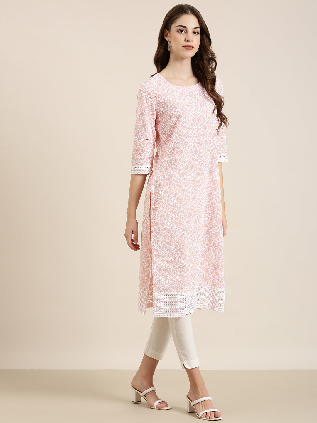 Women Peach Embellished Straight Kurta