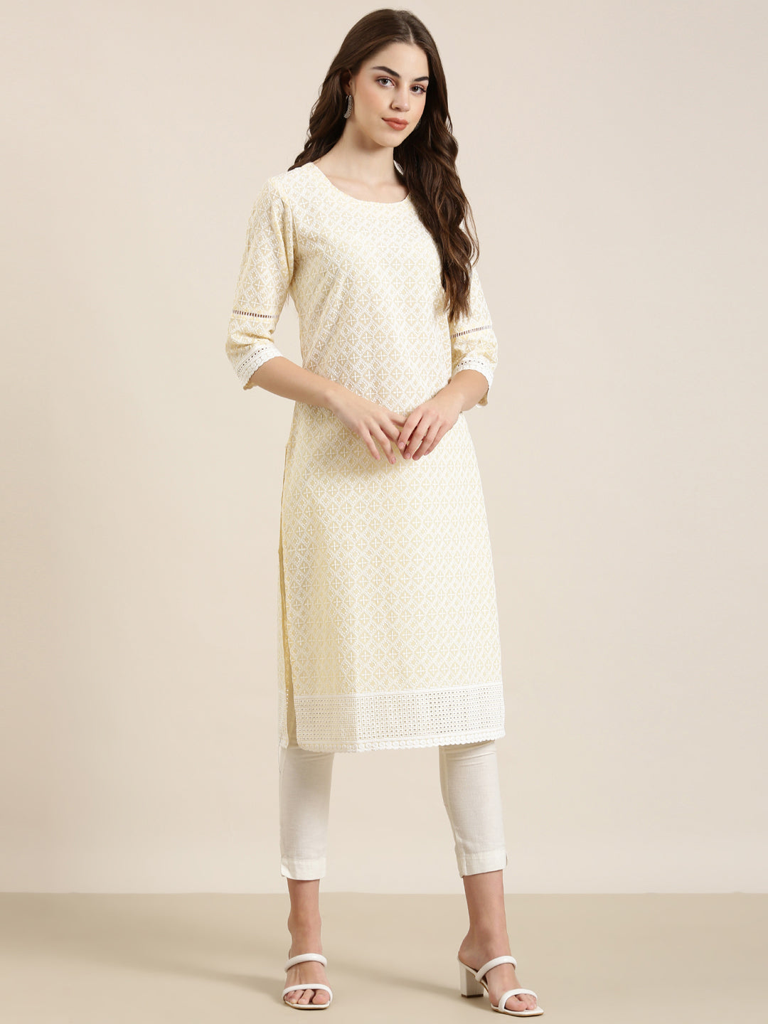 Women Yellow Embellished Straight Kurta