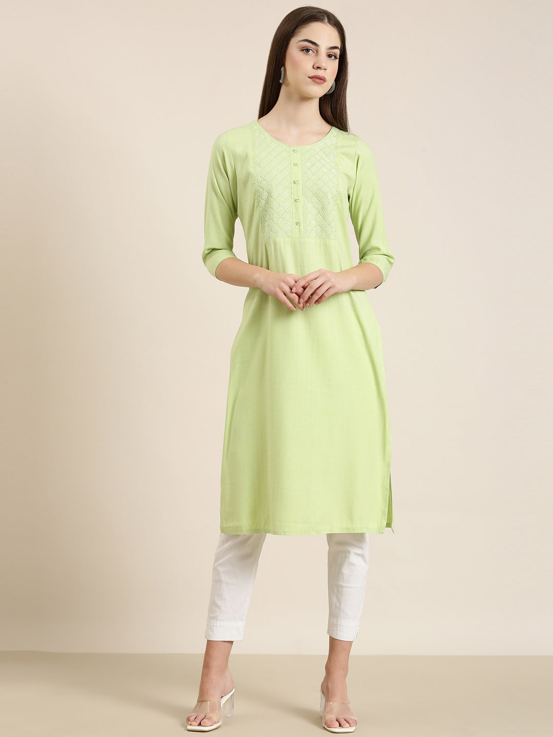 Women Green Solid Straight Kurta