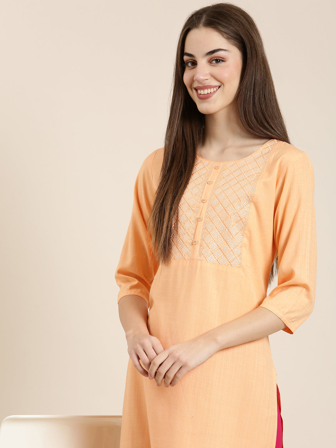 Women Peach Solid Straight Kurta