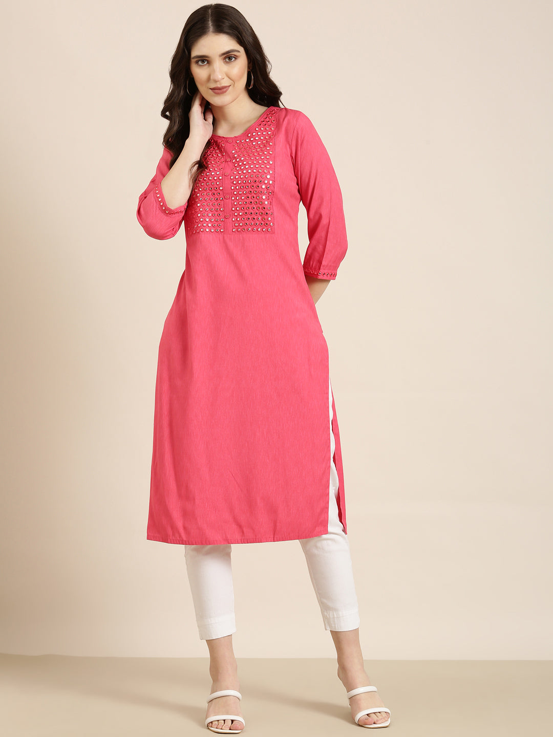 Women Pink Solid Straight Kurta