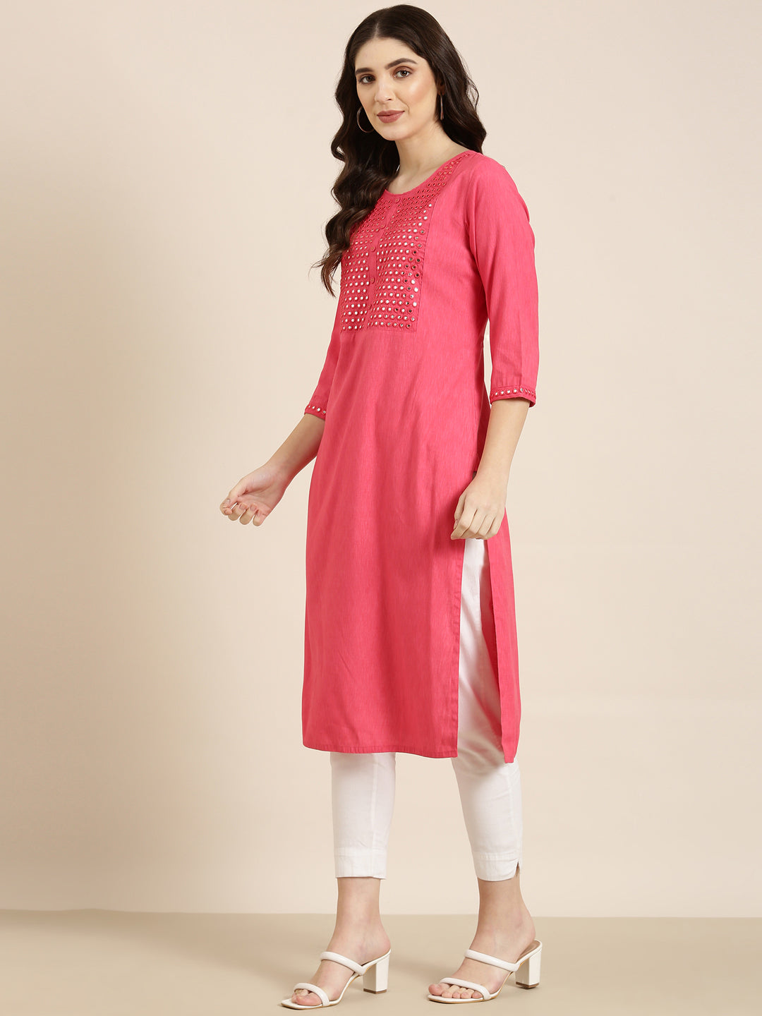 Women Pink Solid Straight Kurta