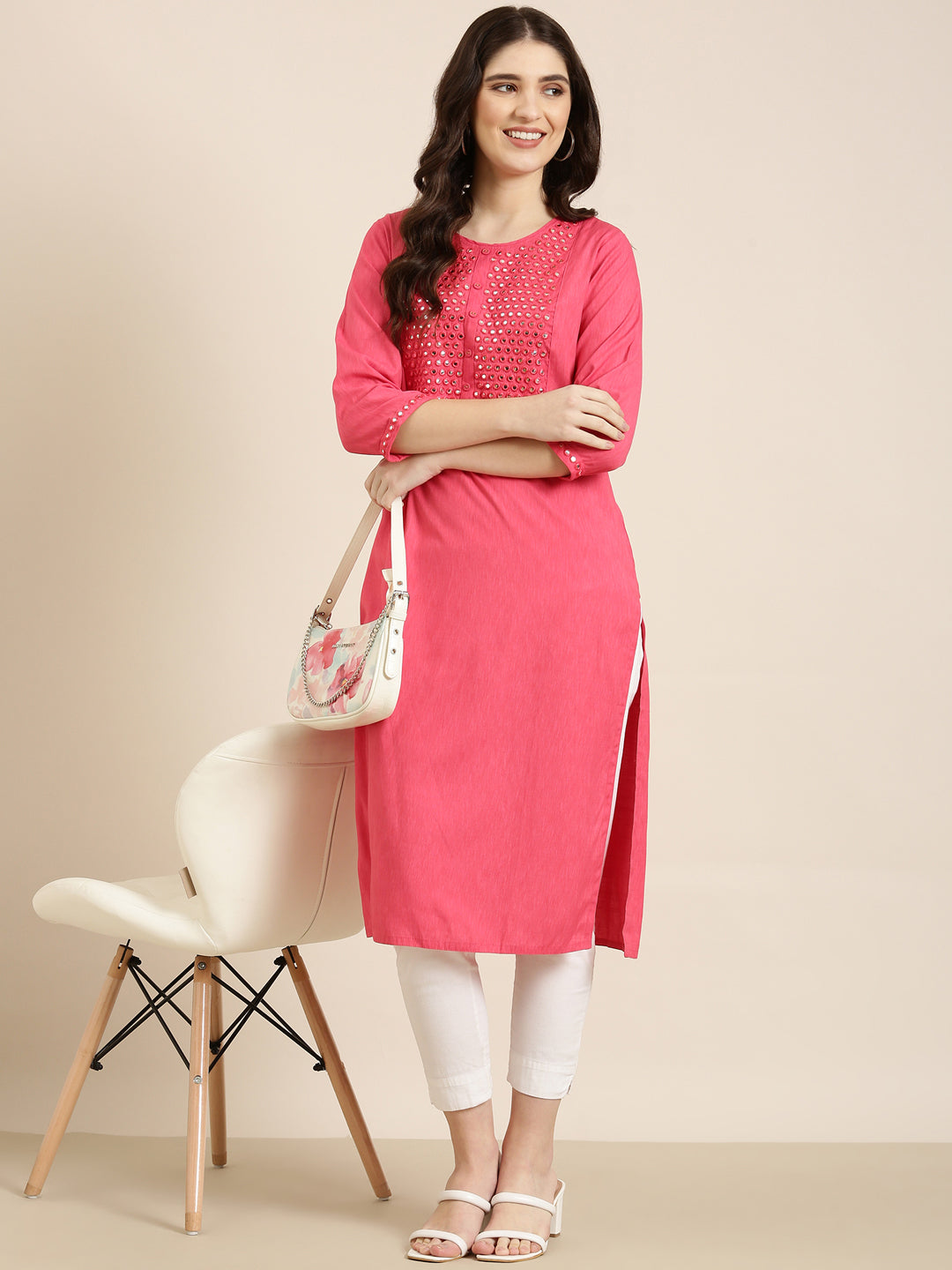 Women Pink Solid Straight Kurta