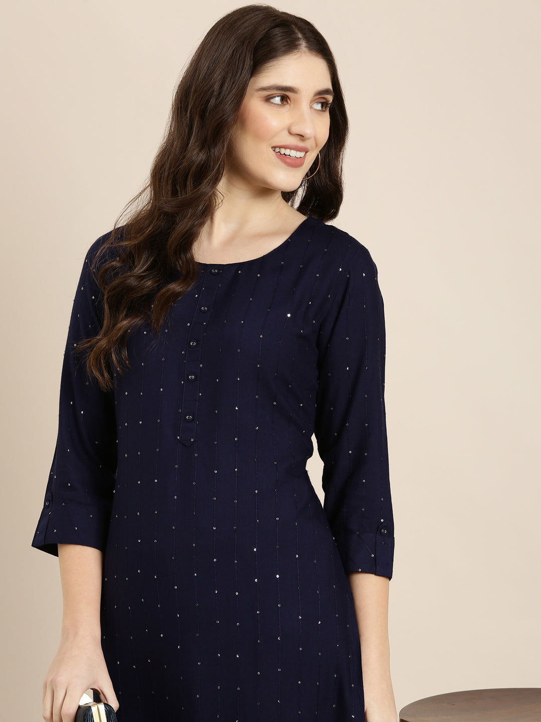 Women Navy Blue Striped Straight Kurta