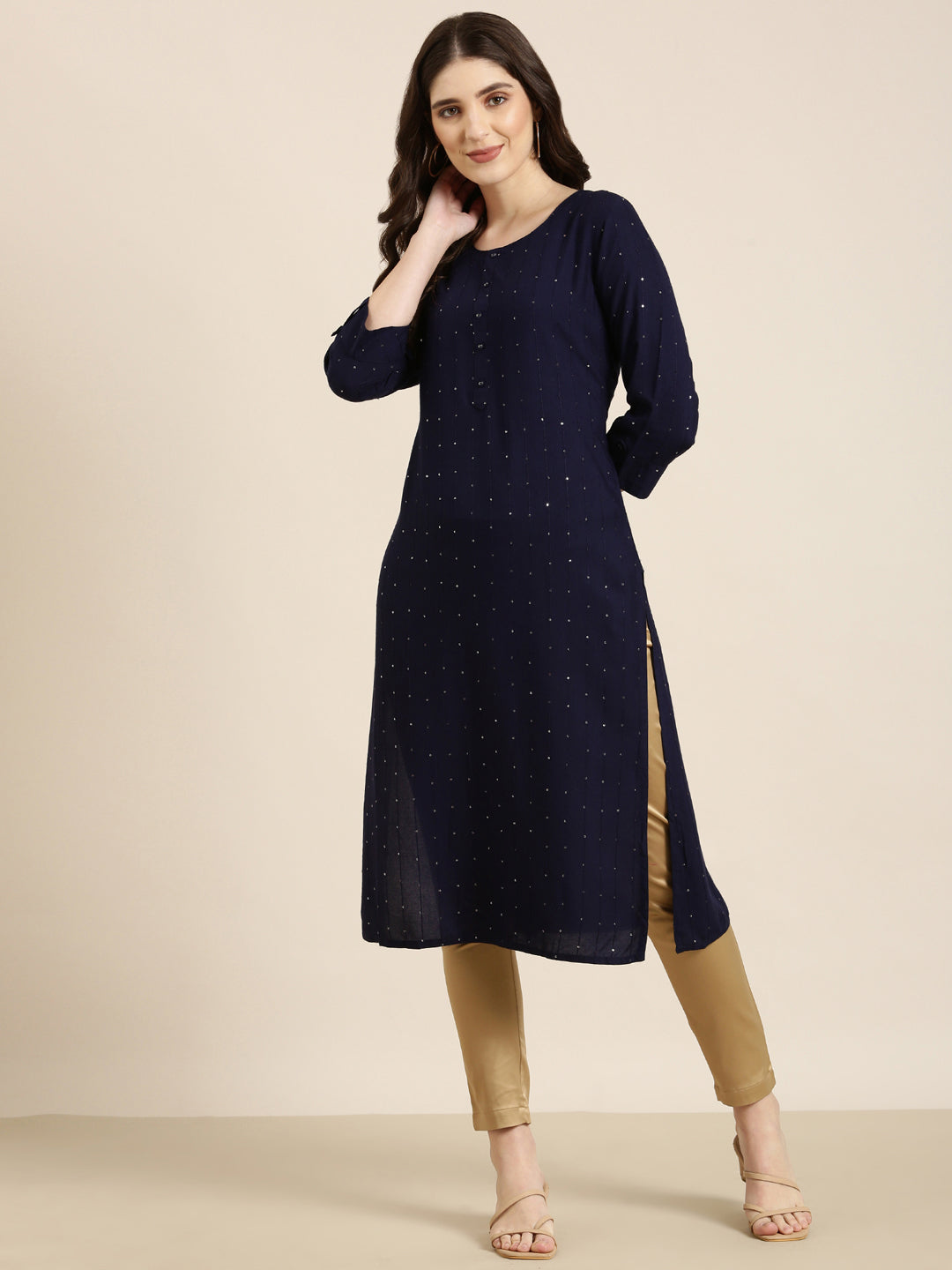 Women Navy Blue Striped Straight Kurta