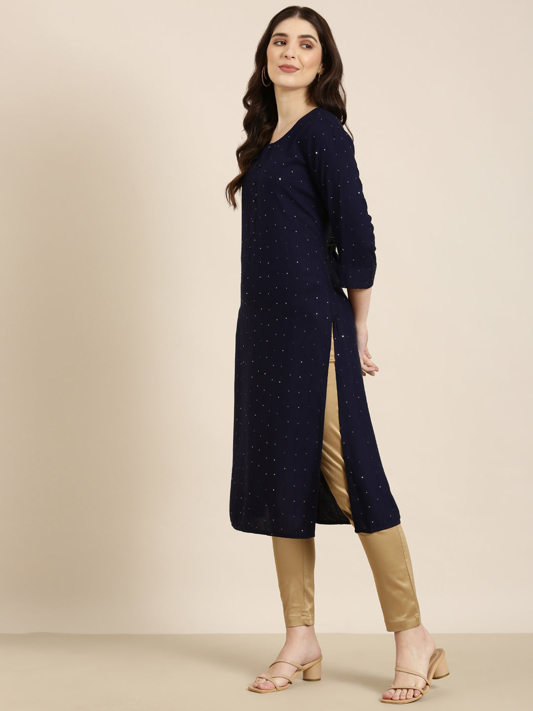 Women Navy Blue Striped Straight Kurta