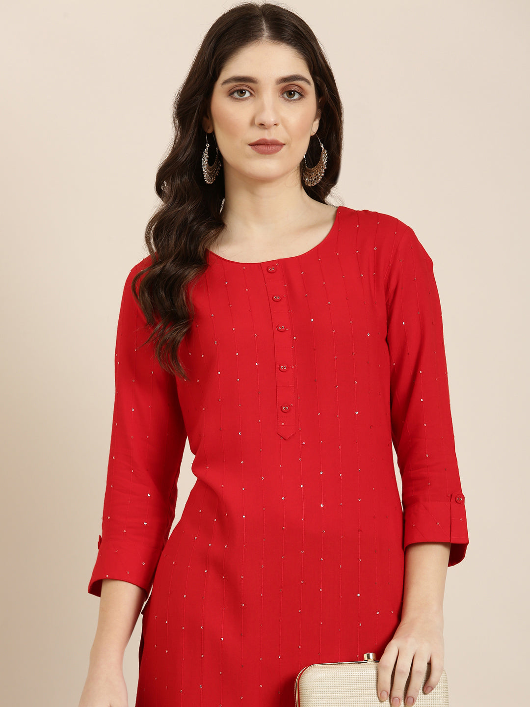 Women Red Striped Straight Kurta