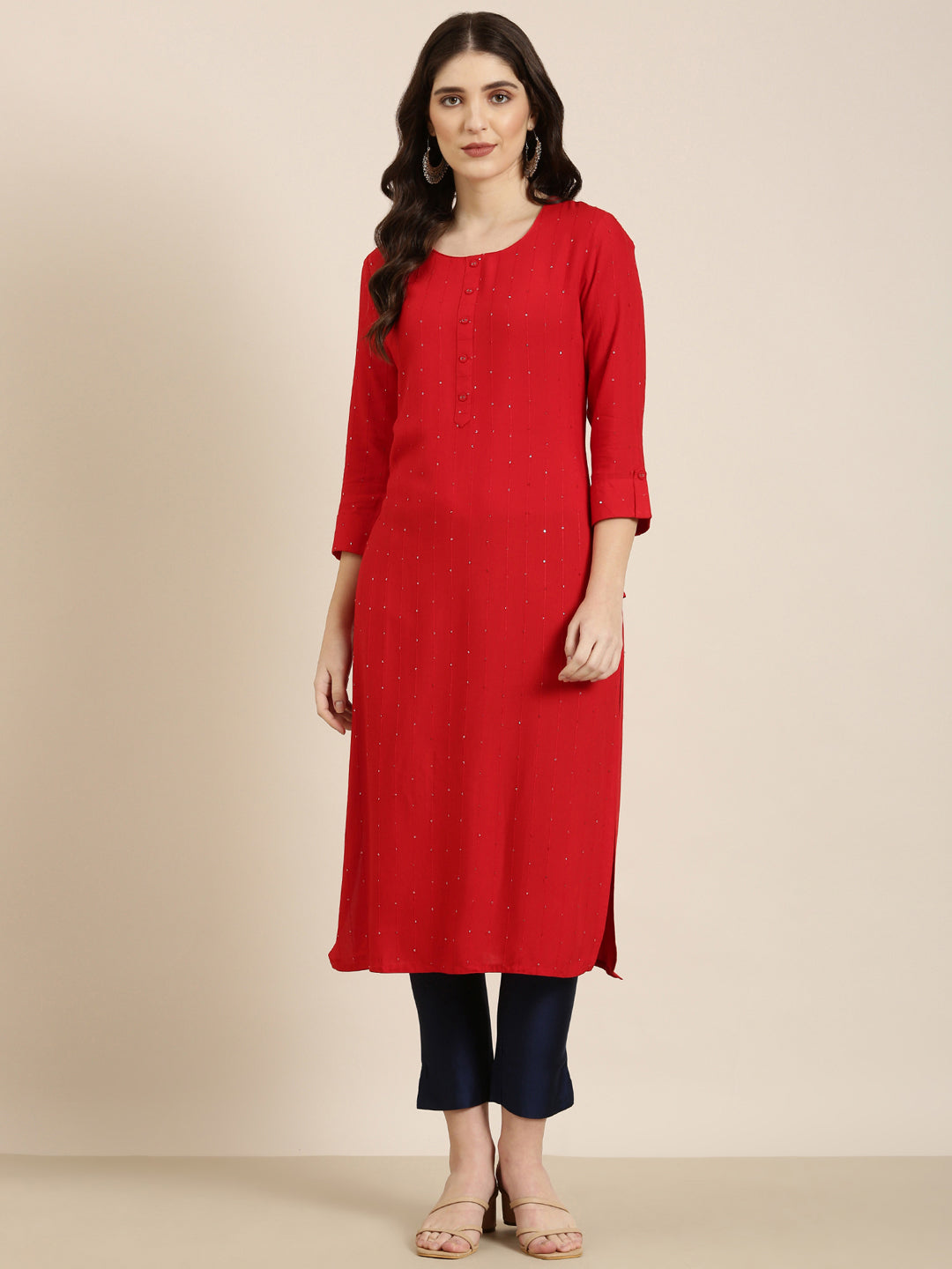 Women Red Striped Straight Kurta