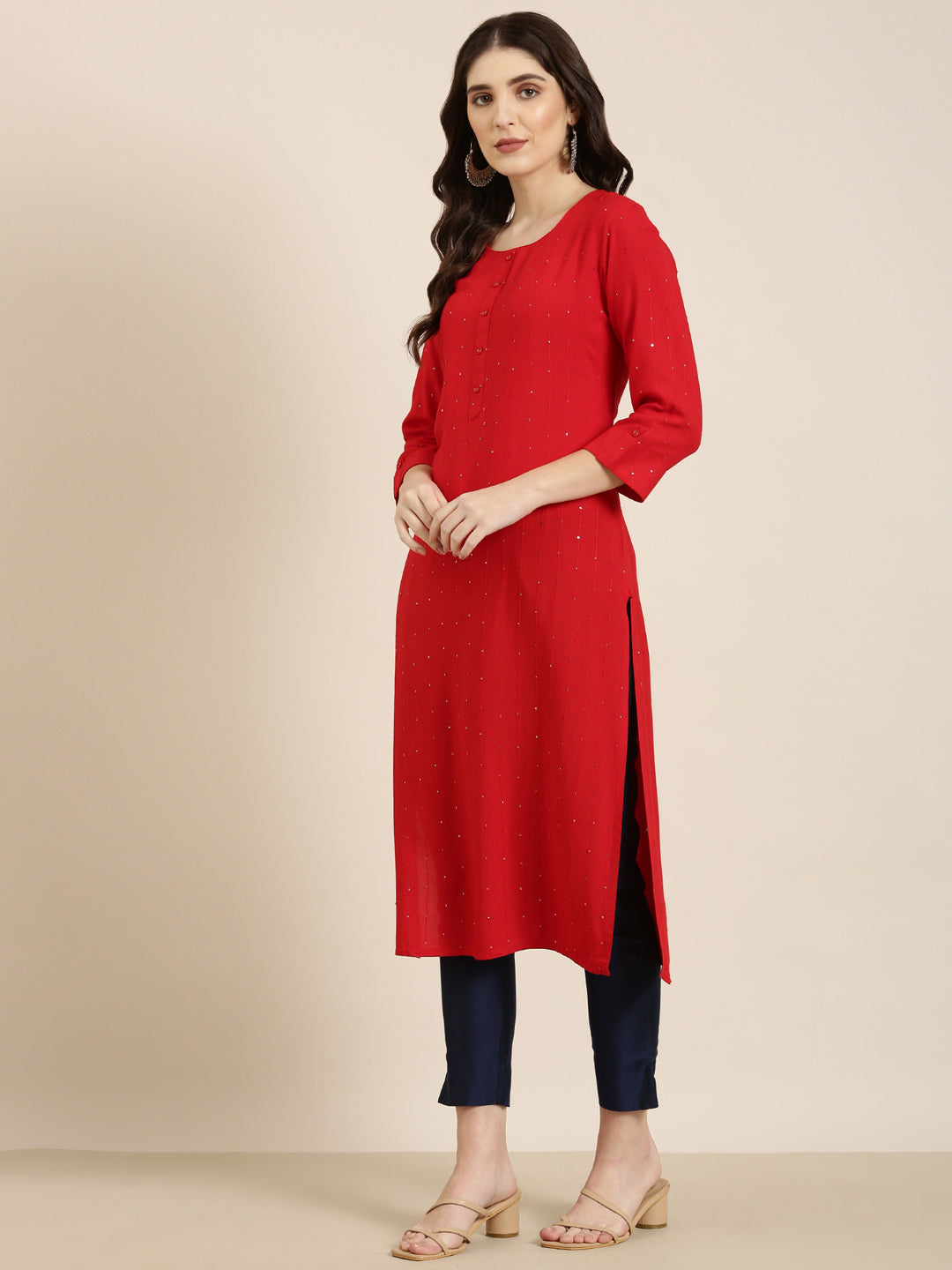 Women Red Striped Straight Kurta