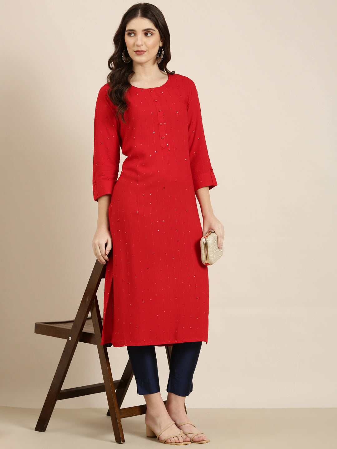 Women Red Striped Straight Kurta