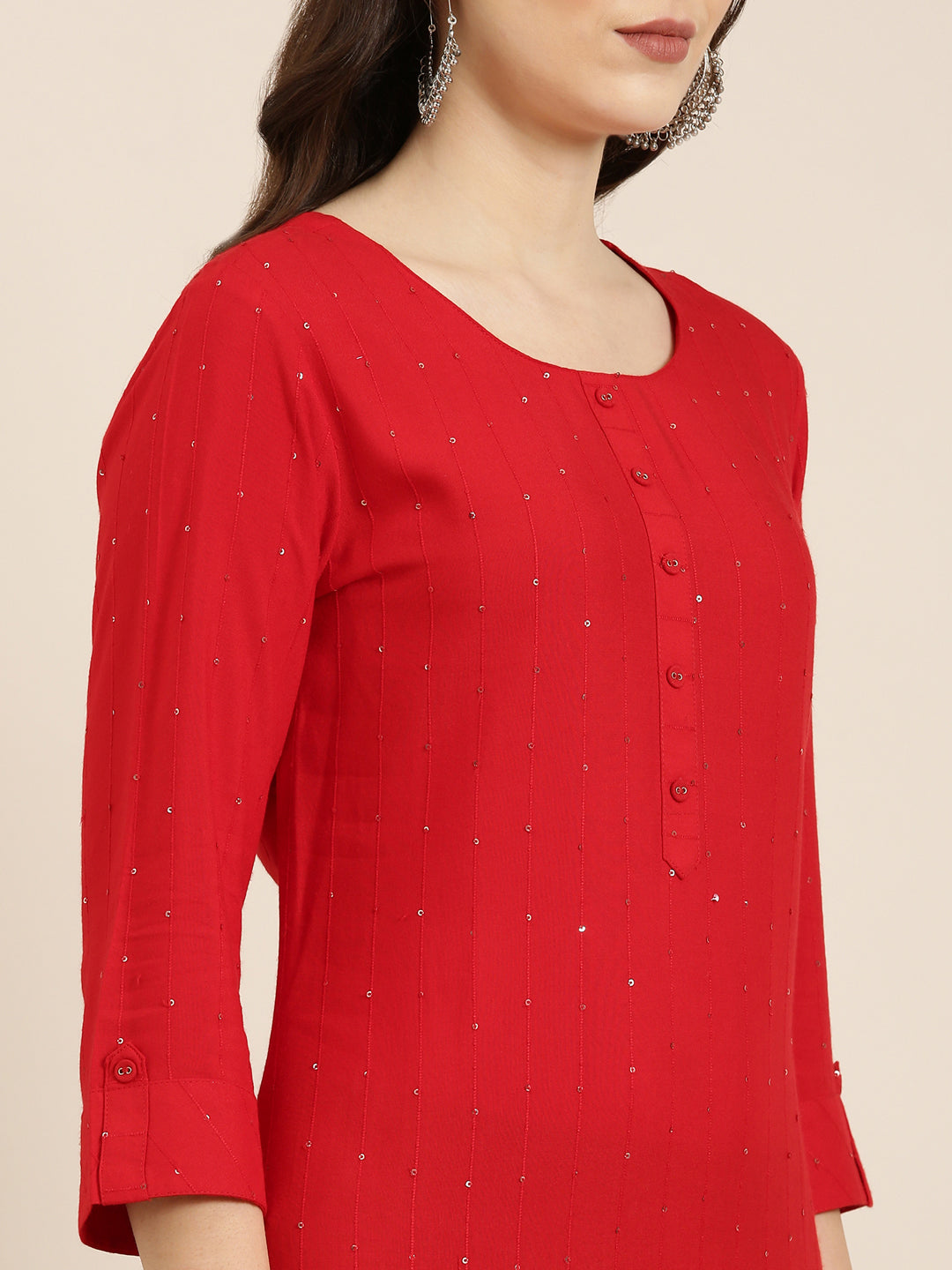 Women Red Striped Straight Kurta