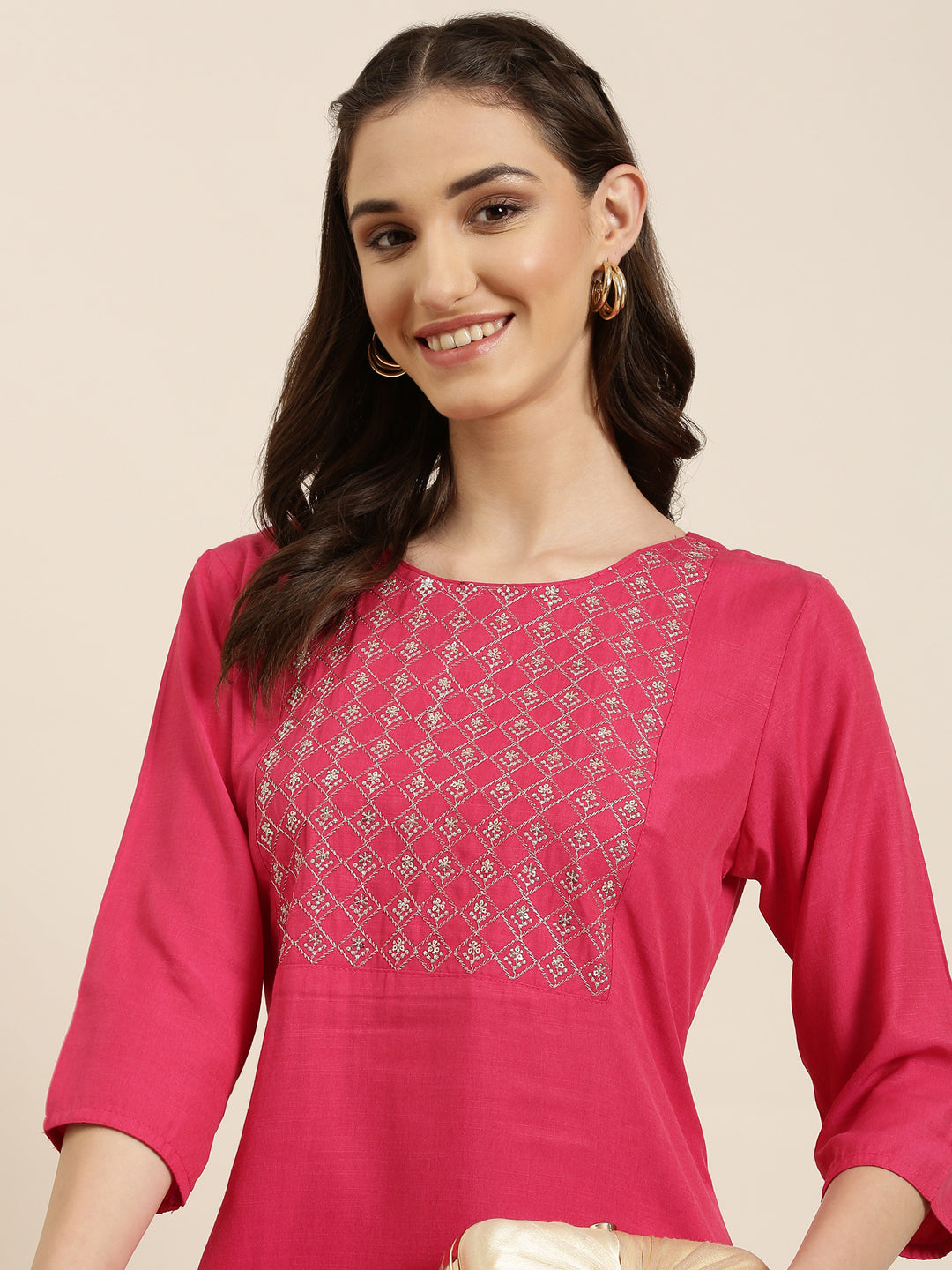 Women Fuchsia Solid Straight Kurta