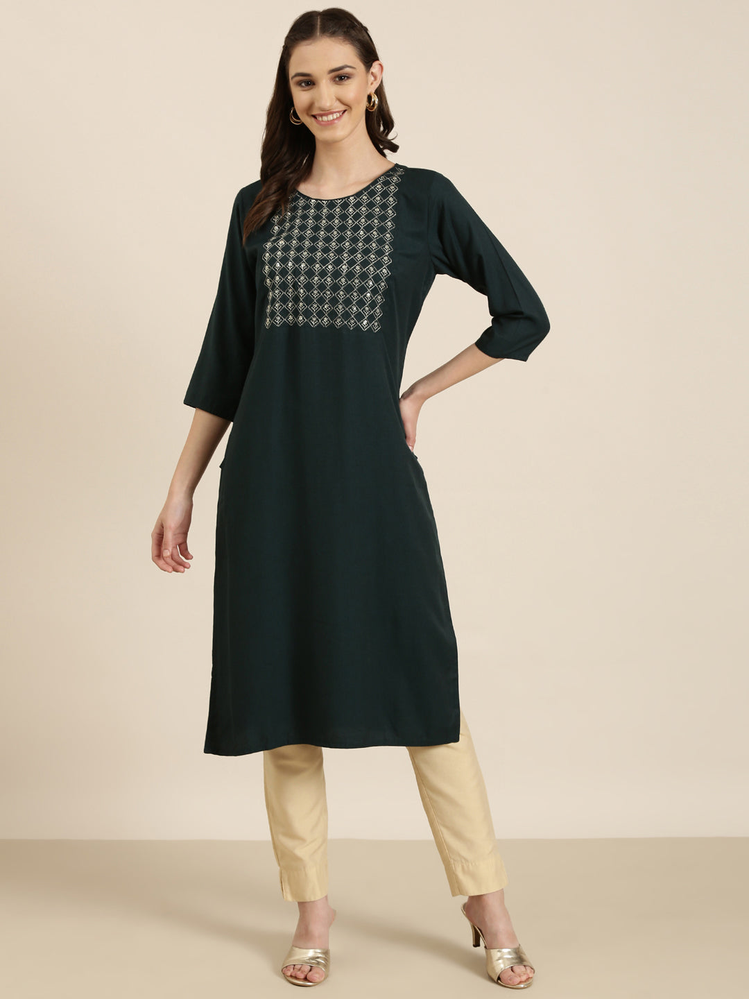 Women Teal Solid Straight Kurta