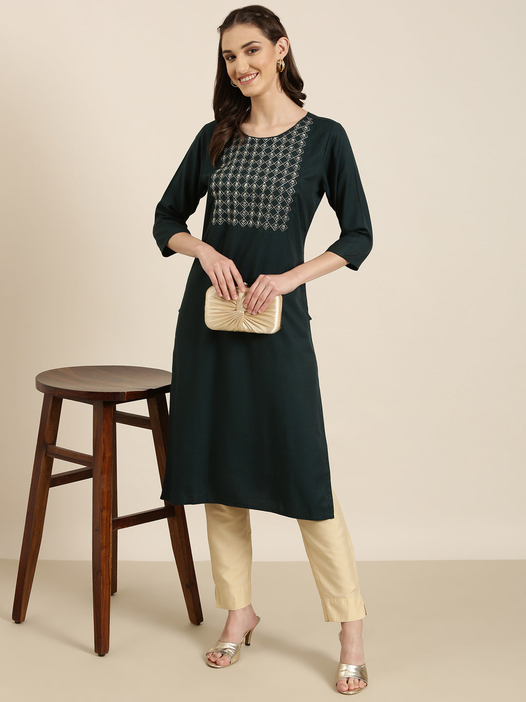 Women Teal Solid Straight Kurta