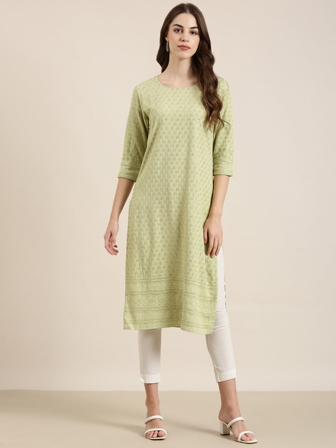 Women Lime Green Embellished Straight Kurta