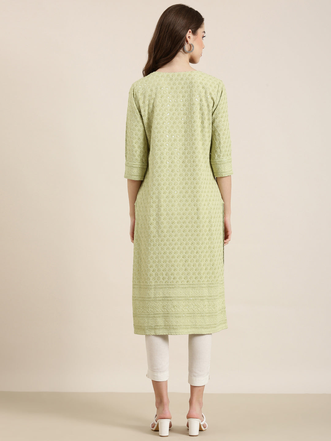 Women Lime Green Embellished Straight Kurta