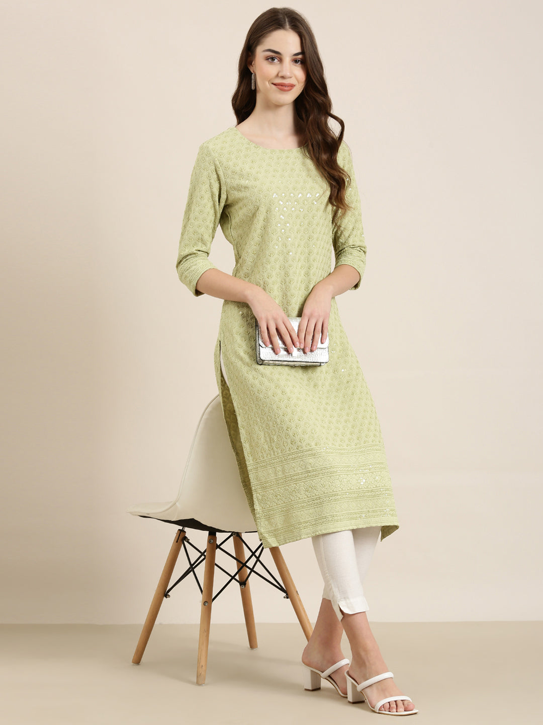 Women Lime Green Embellished Straight Kurta