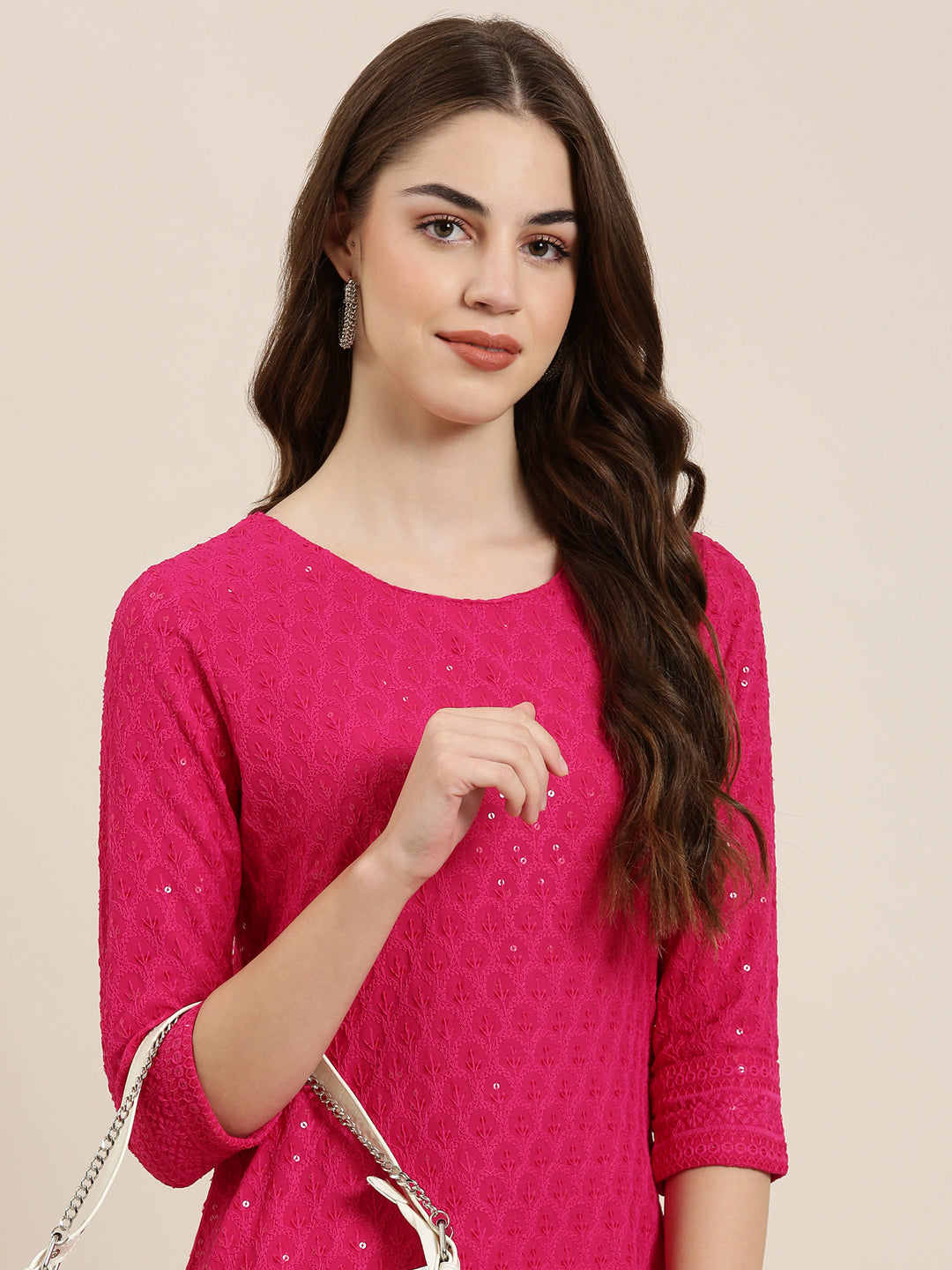 Women Pink Embellished Straight Kurta