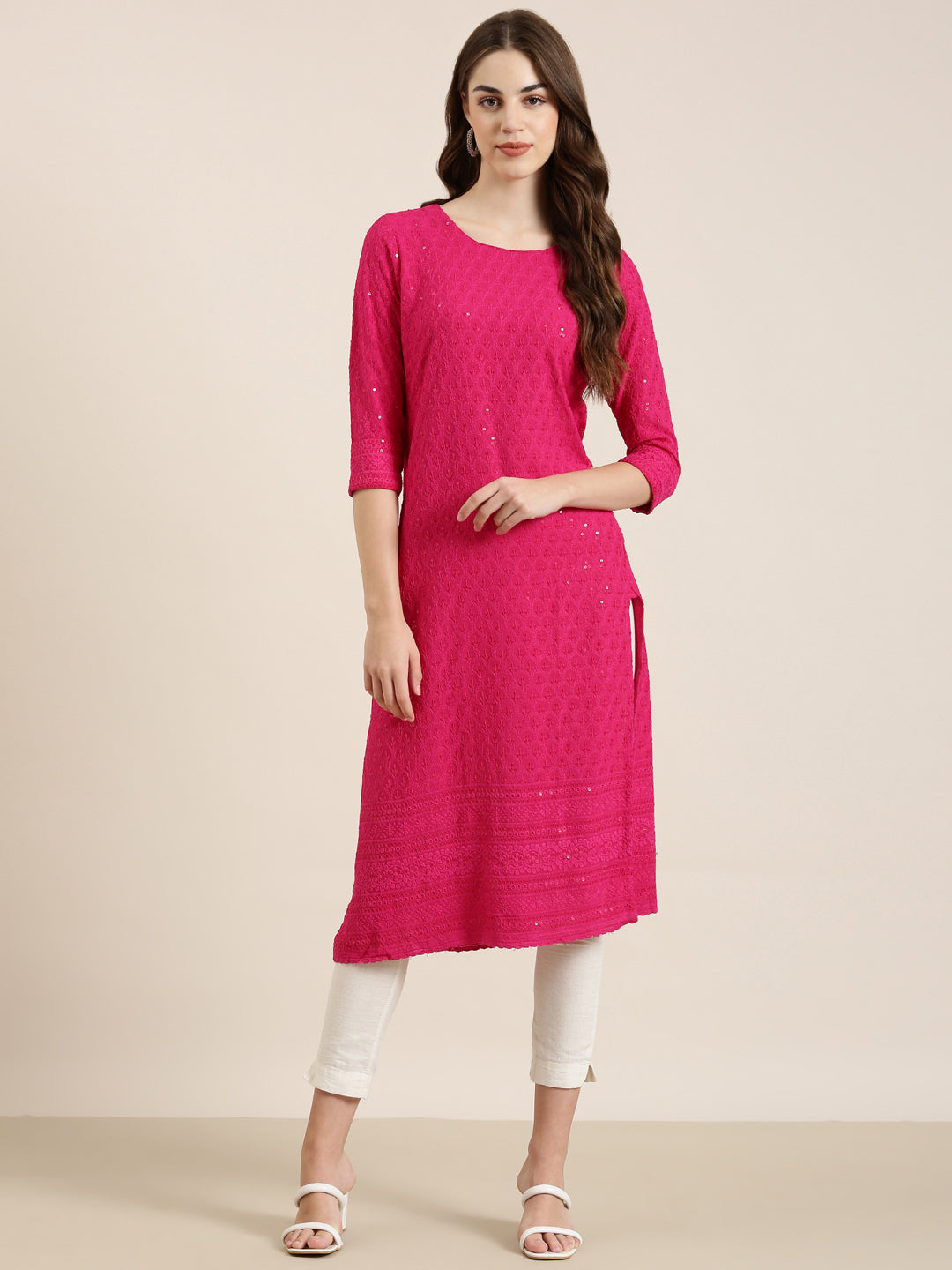 Women Pink Embellished Straight Kurta