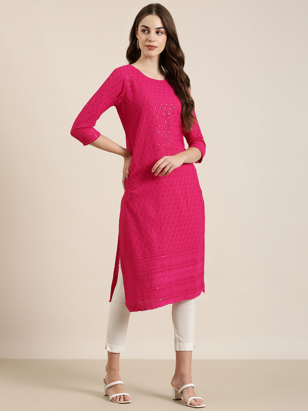 Women Pink Embellished Straight Kurta