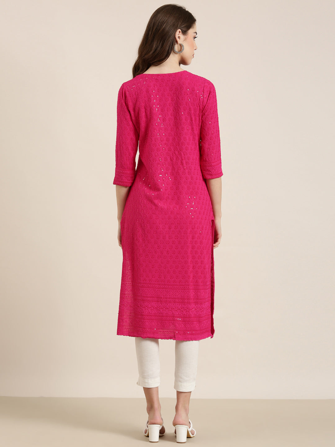 Women Pink Embellished Straight Kurta