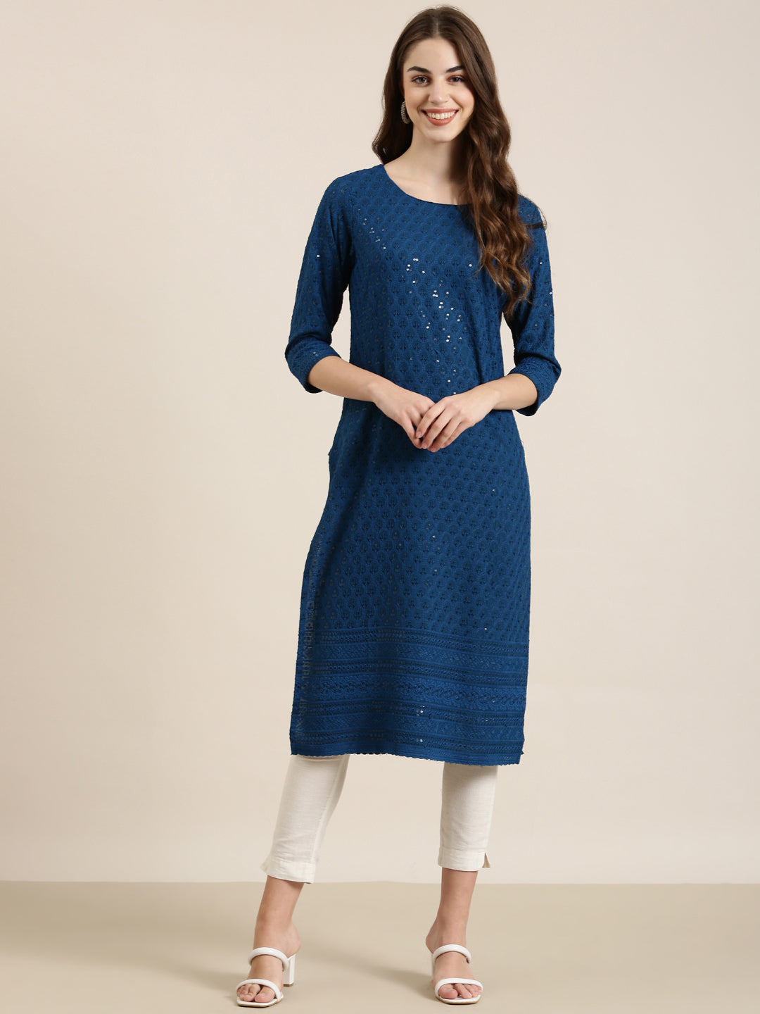 Women Teal Embellished Straight Kurta