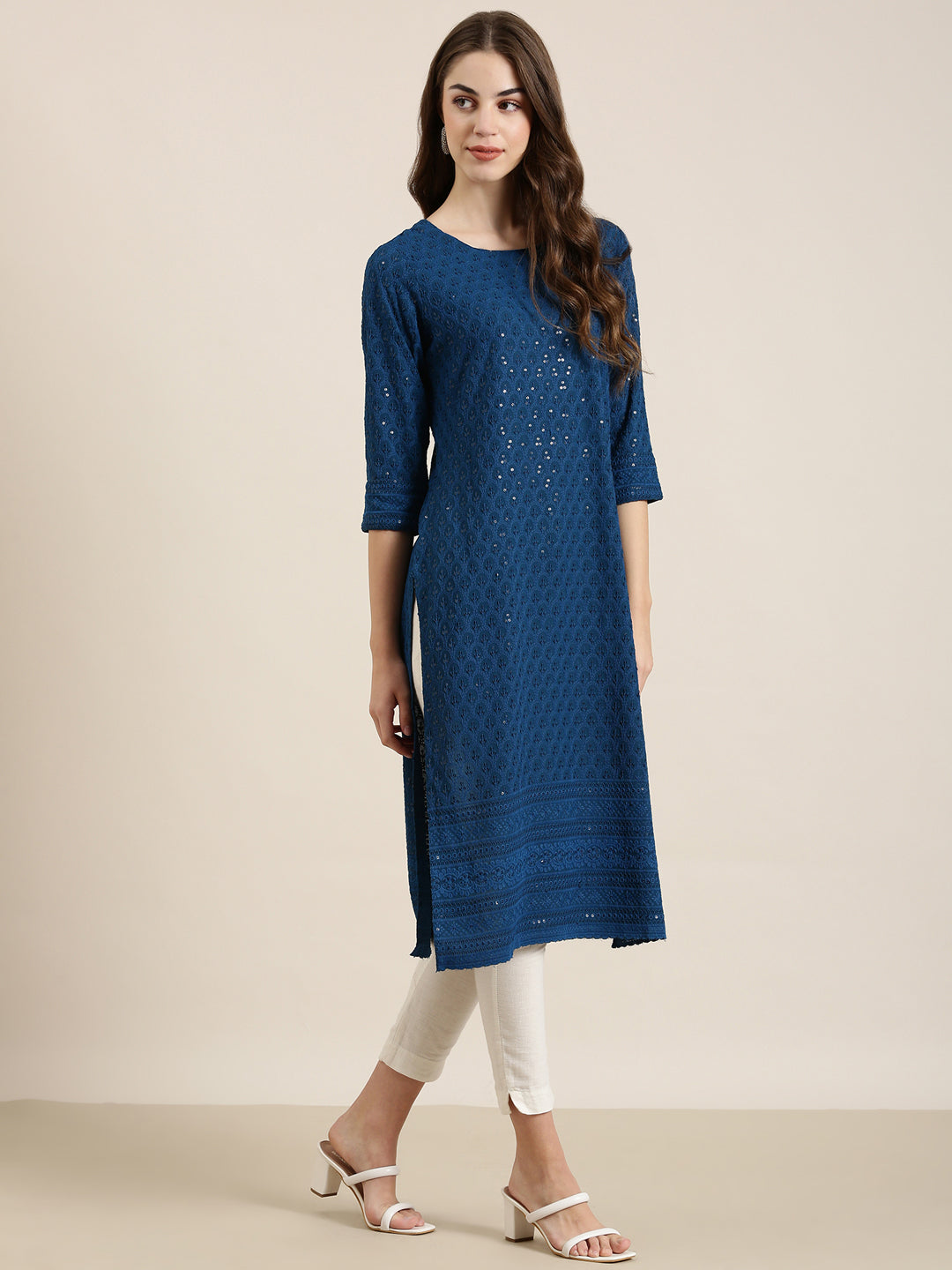 Women Teal Embellished Straight Kurta