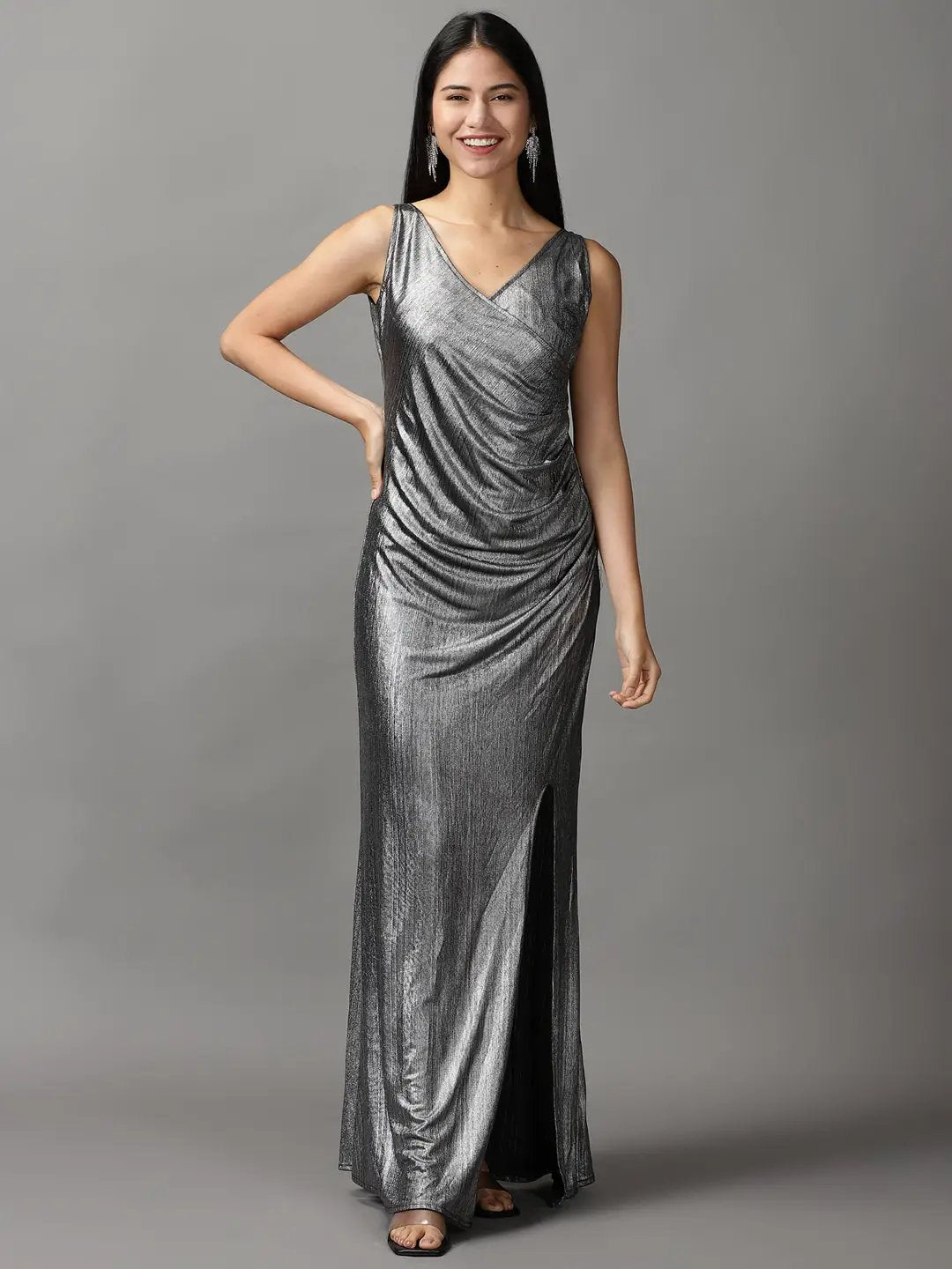 Women's Metallic Embellished Wrap Dress