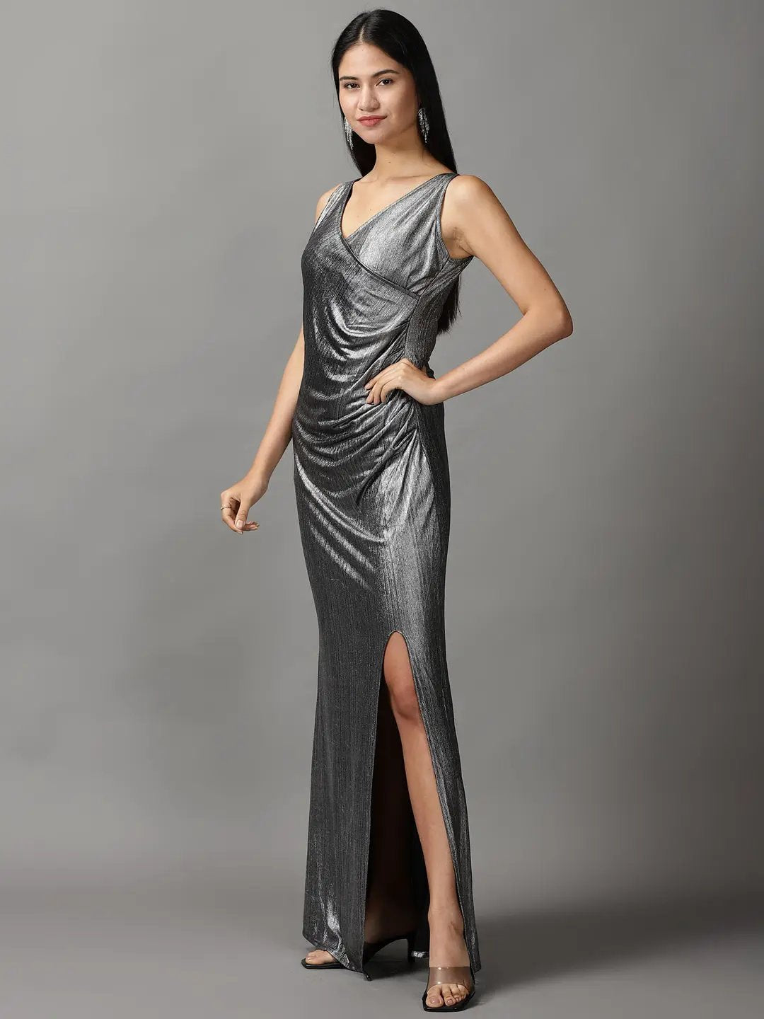 Women's Metallic Embellished Wrap Dress
