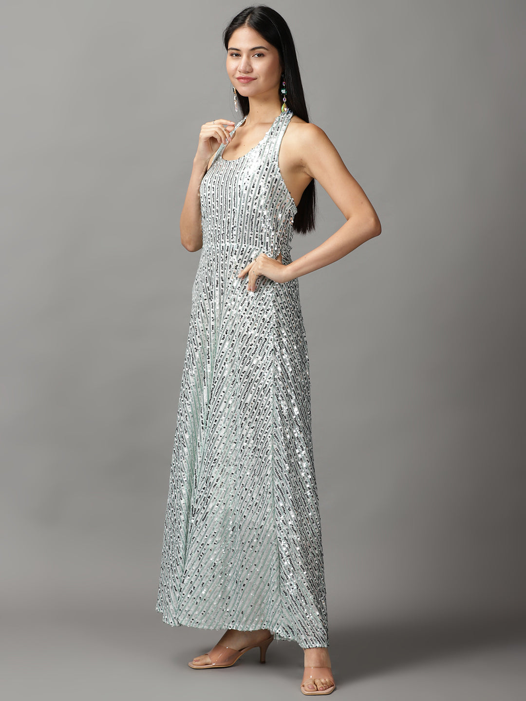 Women's Silver Embellished Gown Dress