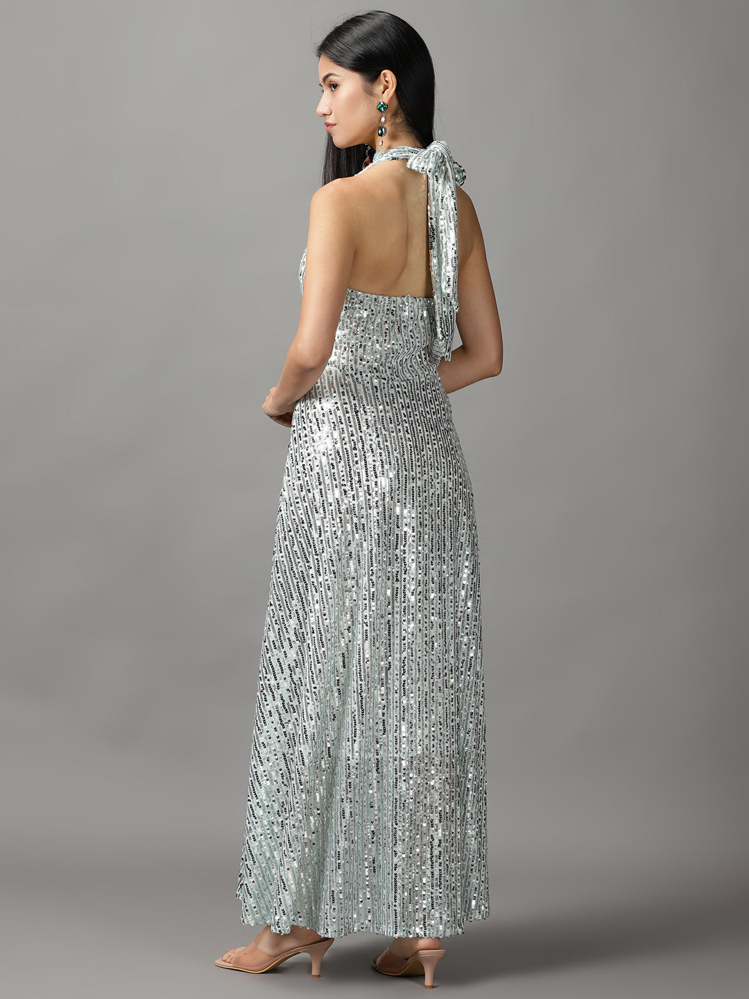 Women's Silver Embellished Gown Dress