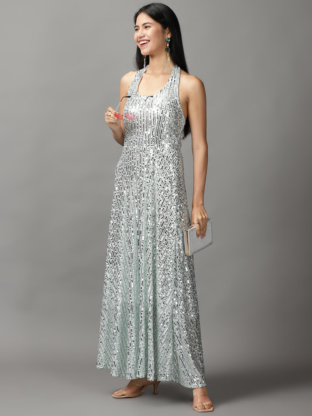 Women's Silver Embellished Gown Dress