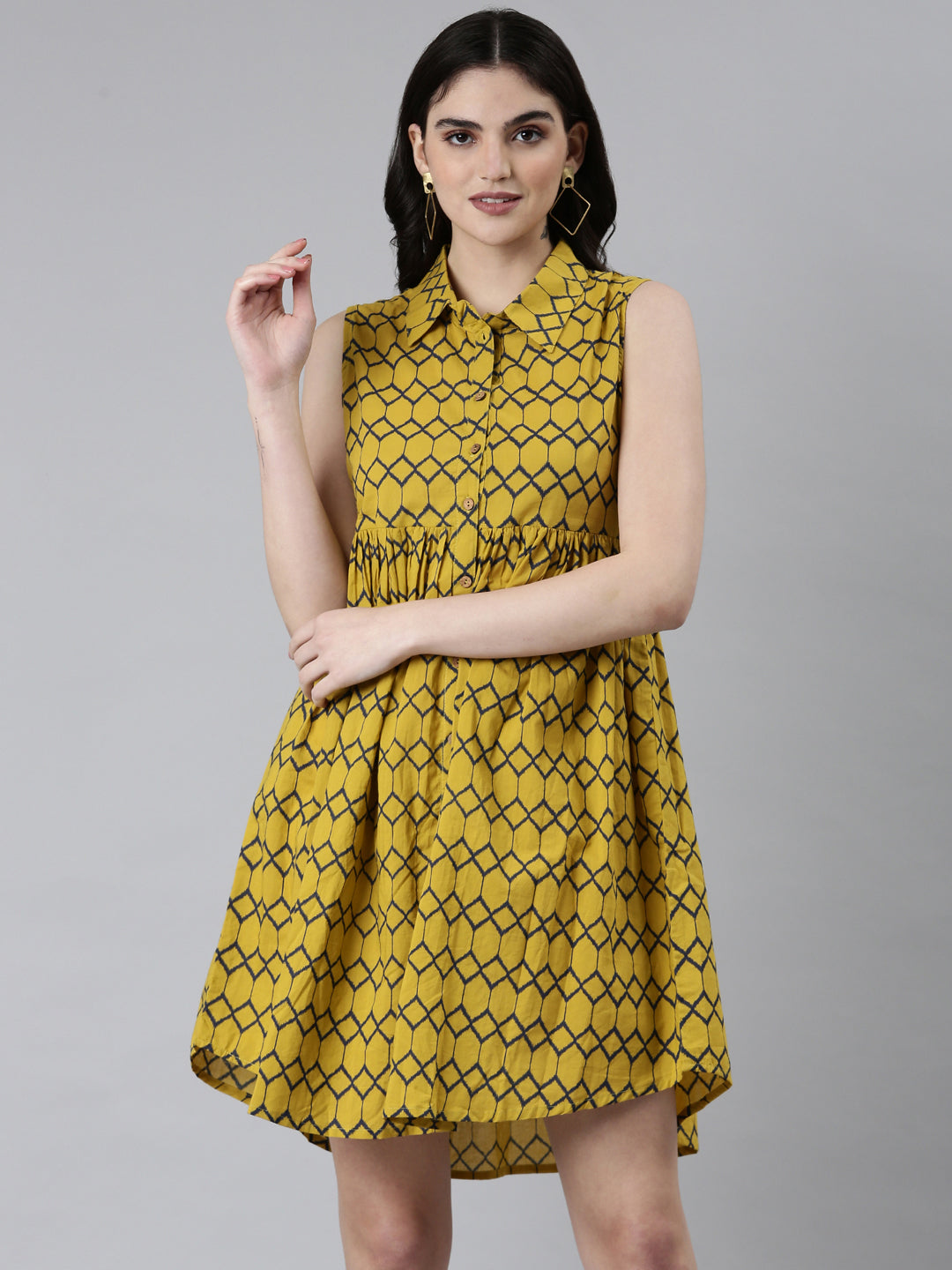 Women Mustard Geometrical A-Line Dress