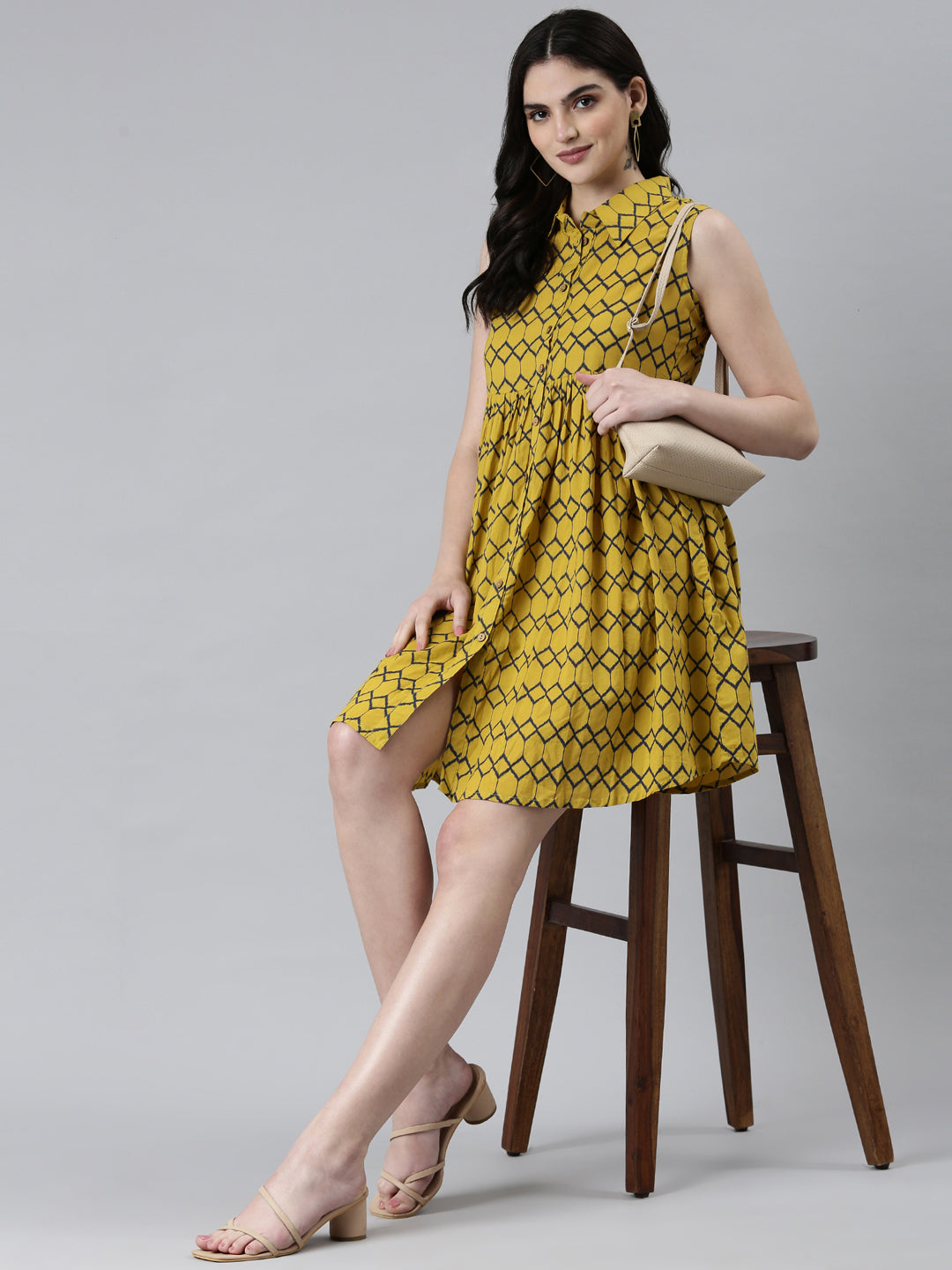 Women Mustard Geometrical A-Line Dress