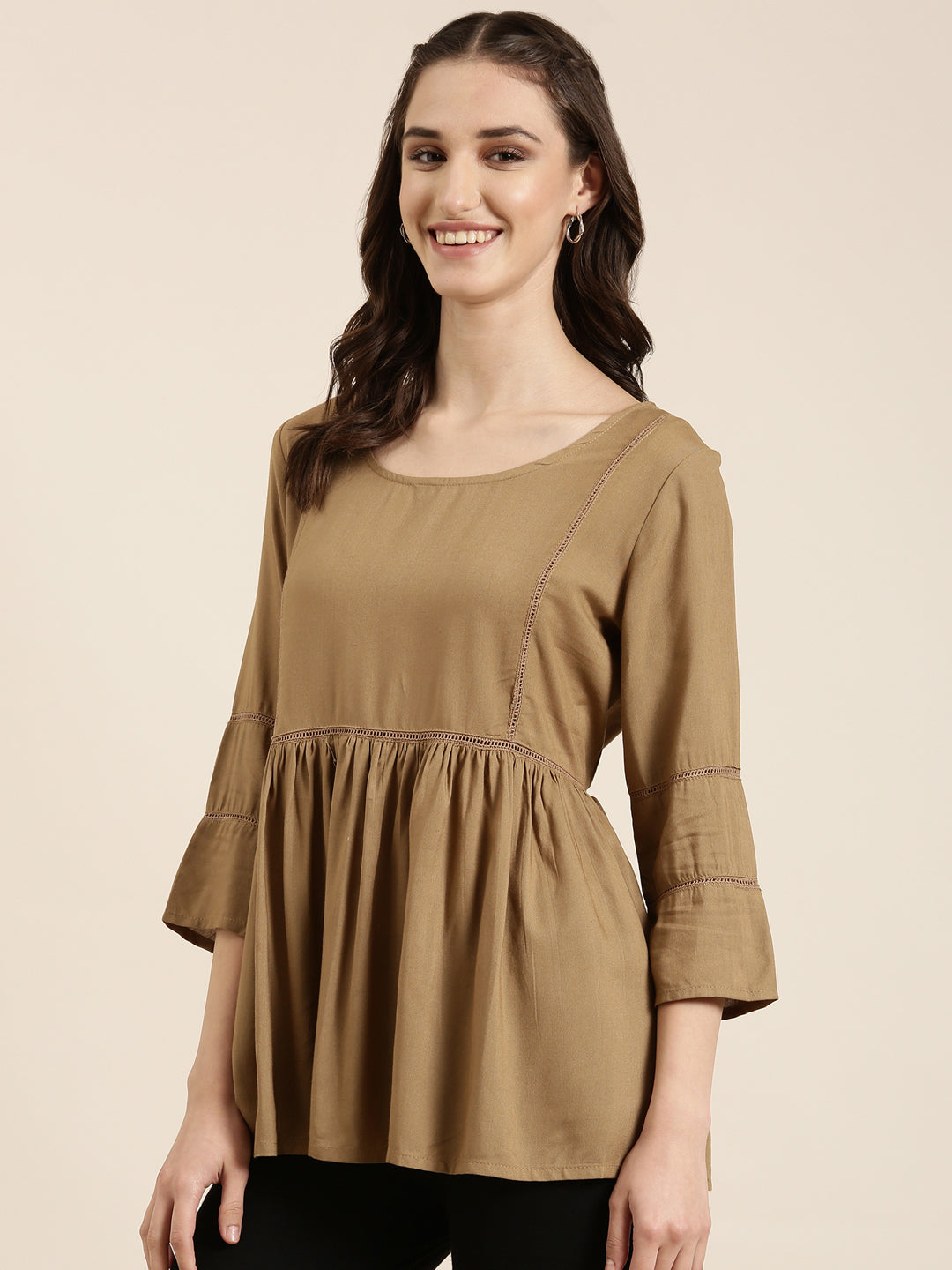 Women Tan Solid A-Line Kurti