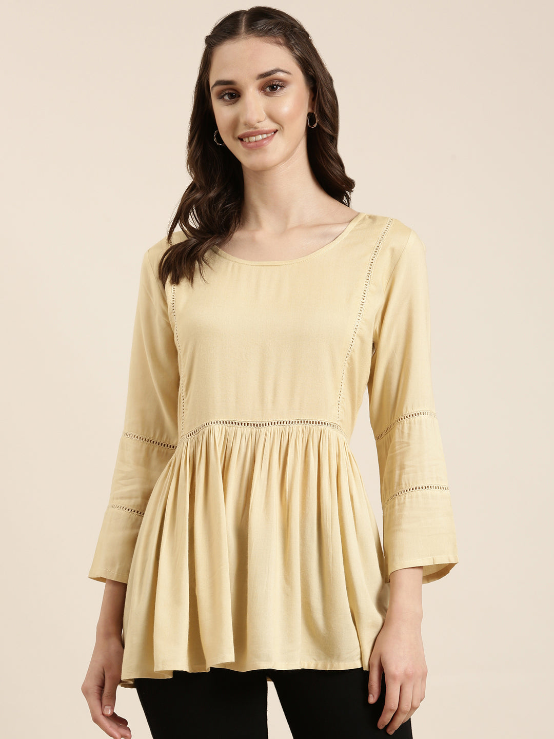 Women Cream Solid A-Line Kurti