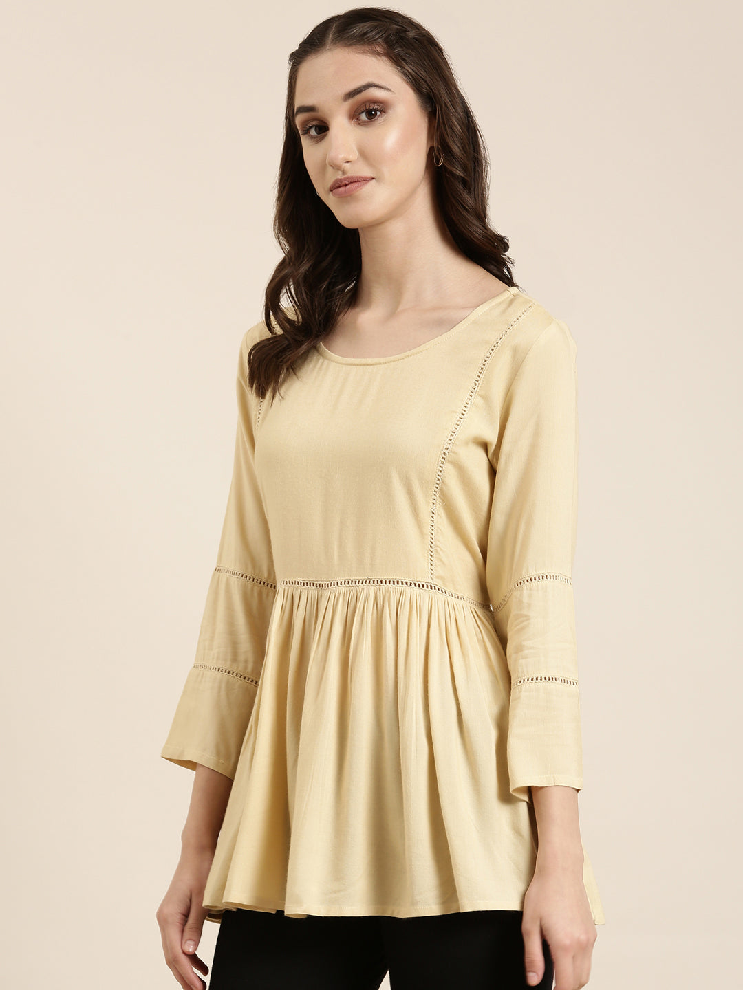 Women Cream Solid A-Line Kurti