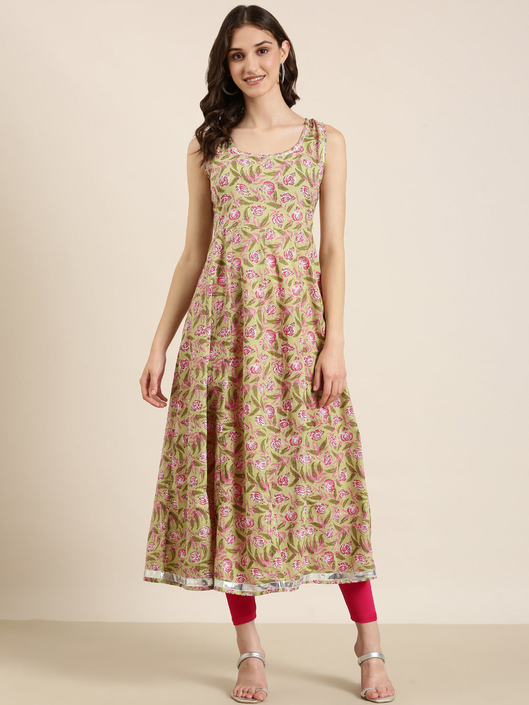 Women Green Floral Anarkali Kurta