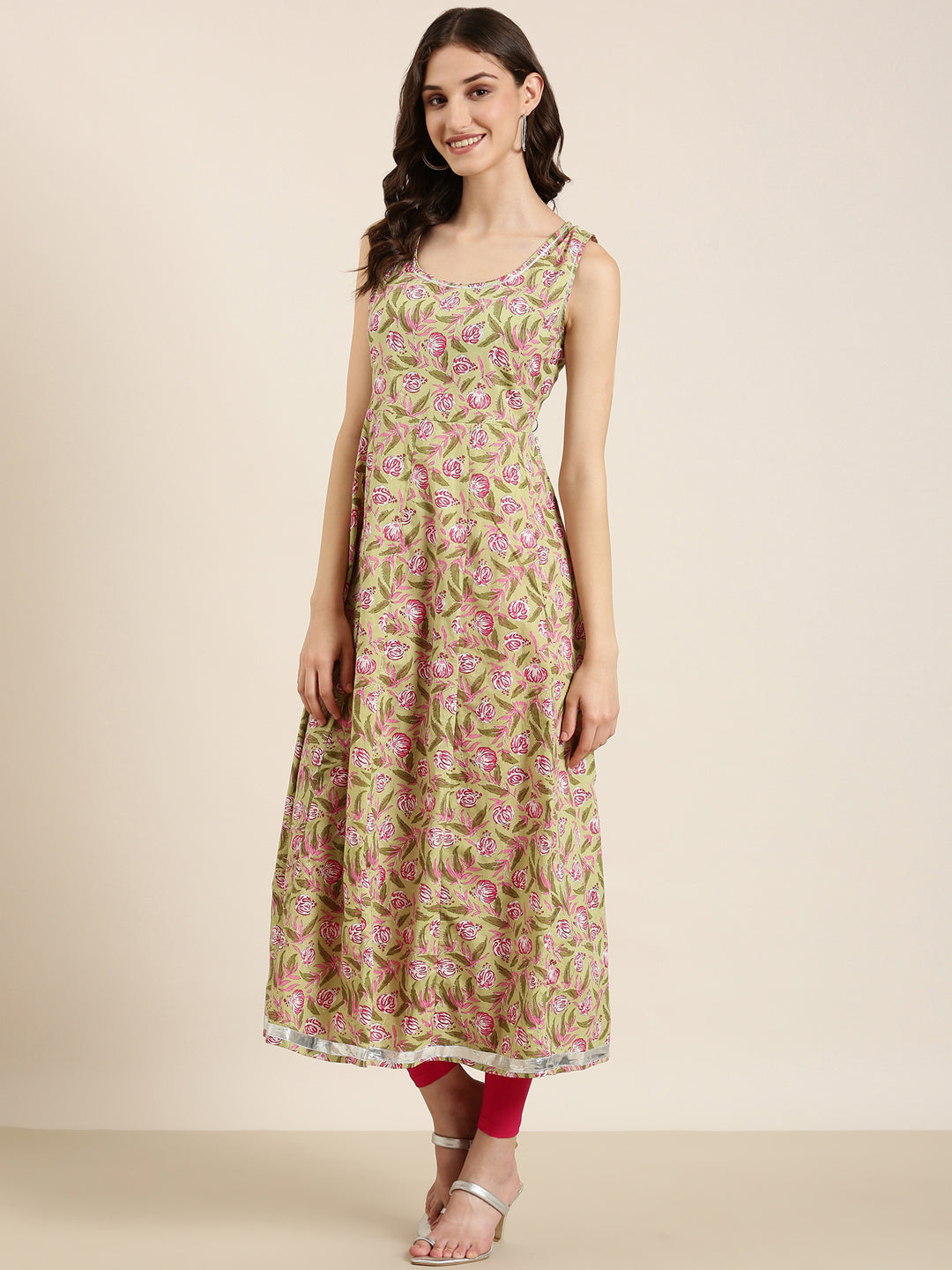 Women Green Floral Anarkali Kurta