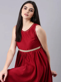 Women's Maroon Round Neck Fit & Flare Midi Dress
